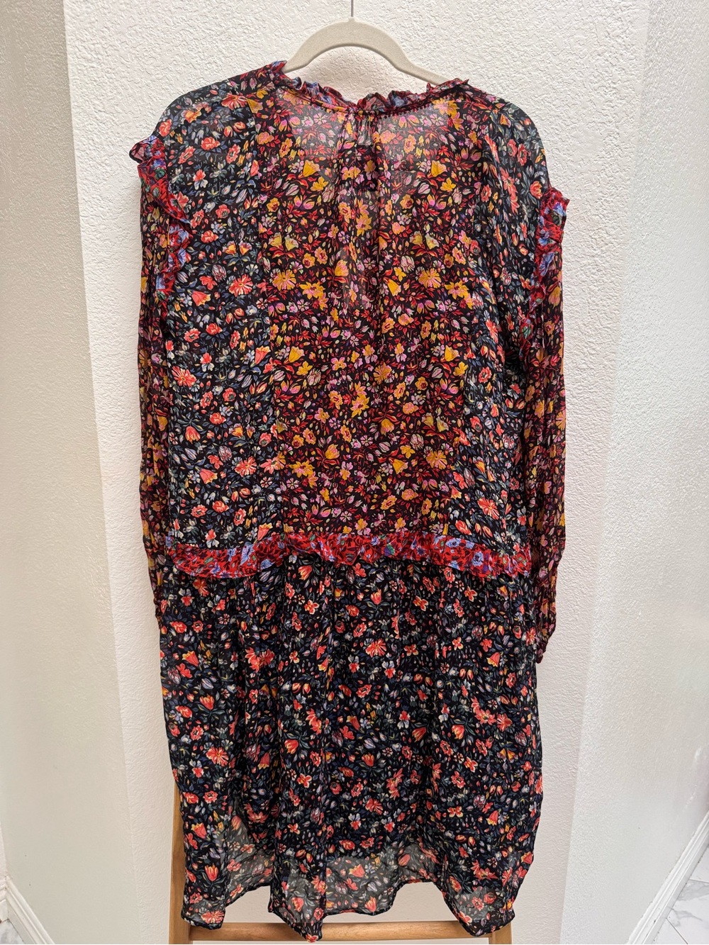Anthropologie Black Floral Tiered Long-Sleeve Dress with Pink & Orange Accents - Picture 9 of 10